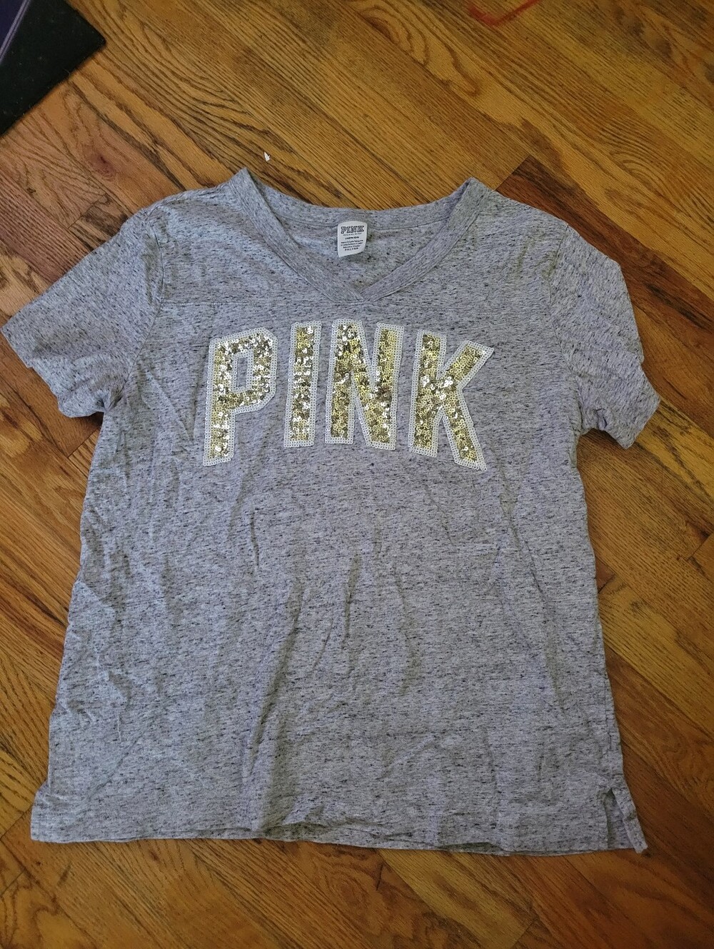 PINK Victoria's Secret Grey Tee with Gold Sequin Logo